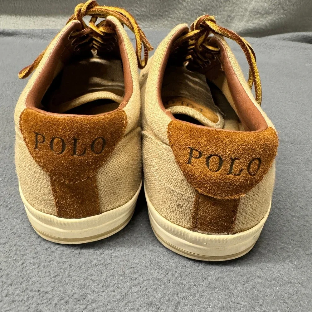 Polo Ralph Lauren Sneakers Mens 8.5 D Vaughn Flax Linen Suede Tan Brown Preppy
